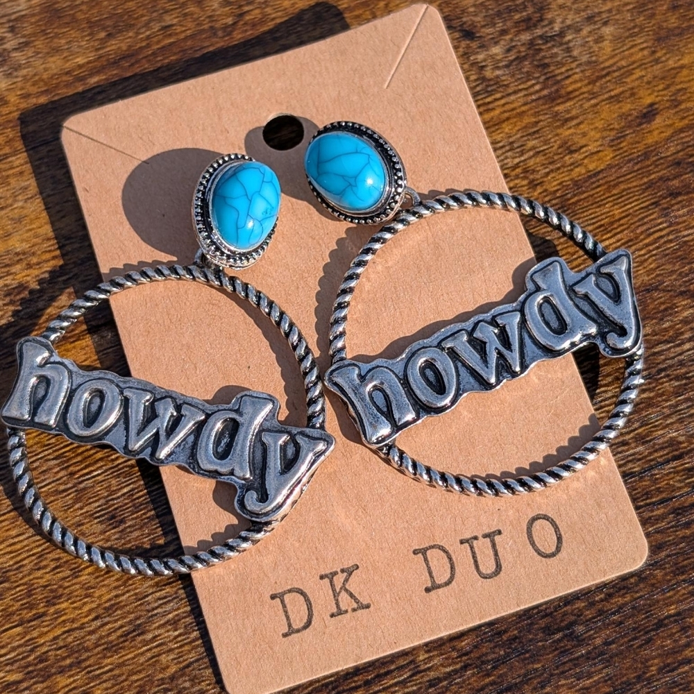 BoHo Southwest Silver-Toned "Howdy" Earrings with Turquoise Accents